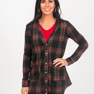 Agnes & Dora Essential Cardigan in Black Red Plaid